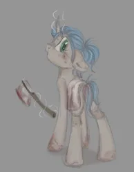 Size: 498x642 | Tagged: semi-grimdark, artist:melodylibris, derpibooru import, oc, unofficial characters only, pony, unicorn, axe, blood, female, floppy ears, glow, glowing horn, gray background, horn, image, levitation, magic, mare, old art, png, simple background, solo, telekinesis, towel, weapon