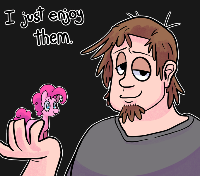 Size: 2239x1968 | Tagged: artist needed, safe, artist:smirk, derpibooru import, pinkie pie, human, brony, dialogue, facial hair, figurine, goatee, image, lidded eyes, png, simple background, smiling