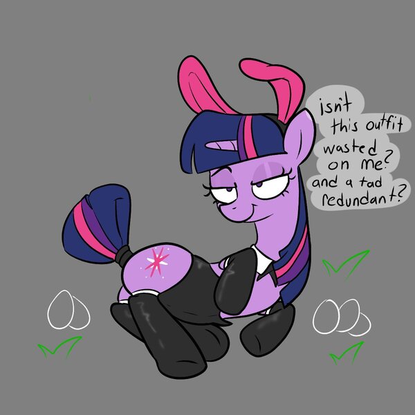 Size: 1155x1155 | Tagged: questionable, artist:this_sl0th, derpibooru import, twilight sparkle, pony, unicorn, bedroom eyes, bunny suit, clothes, image, jpeg, latex, latex socks, socks, tail, tail wrap, unicorn twilight