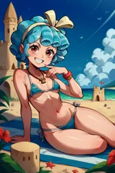 Size: 3072x4608 | Tagged: suggestive, ai content, banned from derpibooru, machine learning generated, prompter:drpeeper d fresa, cozy glow, human, equestria girls, g4, bare legs, beach, beach towel, beautiful, belly button, bikini, blue bikini, blue hair, bracelet, breasts, clothes, curly hair, equestria girls-ified, female, finger to cheek, grin, humanized, image, jewelry, jpeg, lolicon, looking at you, necklace, ocean, sand, sand castle, sexy, side-tie bikini, sky, small breasts, smiling, smiling at you, stupid sexy cozy glow, swimsuit, towel, underage, water