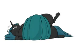 Size: 1277x729 | Tagged: suggestive, artist:secretgoombaman12345, color edit, derpibooru import, edit, queen chrysalis, changeling, changeling queen, belly, big belly, colored, fat, female, gritted teeth, image, lying down, obese, png, queen chrysalard, side, simple background, solo, solo female, teeth, white background