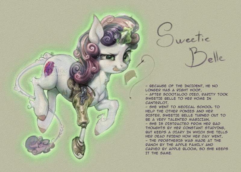 Size: 2000x1432 | Tagged: semi-grimdark, artist:acidum_valericc, artist:acidumvalericc, artist:valericc, derpibooru import, sweetie belle, pony, unicorn, amputee, female, filly, floating, foal, horn, image, implied death, leonine tail, magic, mlp infection, needle, png, prosthetic leg, prosthetic limb, prosthetics, scar, solo, tail, telekinesis, thread, tongue out, unshorn fetlocks