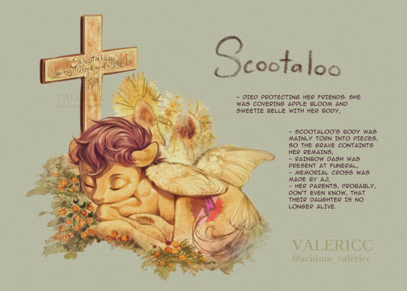 Size: 2000x1432 | Tagged: safe, artist:acidum_valericc, artist:acidumvalericc, derpibooru import, scootaloo, pegasus, pony, cross, dead, english, female, filly, foal, grass, image, mlp infection, png, solo, text