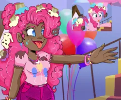 Size: 2493x2057 | Tagged: safe, artist:kat4nadepap3l, derpibooru import, pinkie pie, earth pony, human, pony, blackwashing, bracelet, clothes, cupcake, cutie mark, cutie mark on clothes, female, food, g4, humanized, image, jewelry, messy hair, messy mane, png, scene interpretation, screencap reference, tongue out