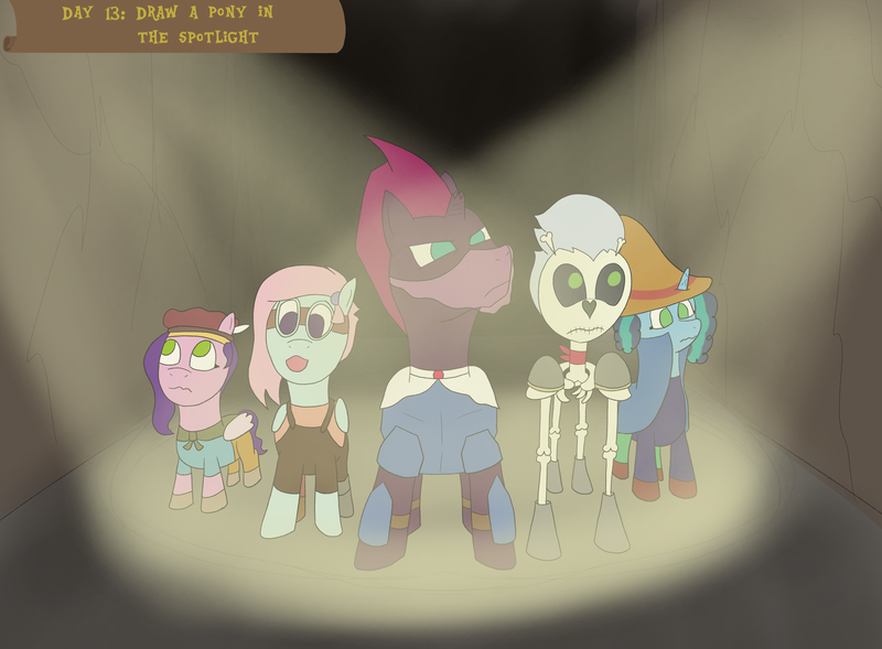 Size: 3878x2857 | Tagged: safe, artist:khazard, derpibooru import, kerfuffle, pipp petals, skellinore, tempest shadow, pegasus, skeleton pony, unicorn, series:grogar's game, g5, the break up breakdown, atg 2024, bard, berserker, black mage, blacksmith, bone, broken horn, fantasy class, g4, horn, image, misty brightdawn, newbie artist training grounds, png, skeleton, spellsword, spotlight