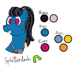 Size: 336x314 | Tagged: safe, artist:nukepony360, derpibooru import, oc, oc:splatterdash, unofficial characters only, earth pony, pony, clothes, female, image, mare, overalls, paint, png, ponytail, portait, scrunchie, simple background, solo