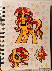 Size: 2800x3829 | Tagged: safe, artist:dariarchangel, derpibooru import, sunset shimmer, pony, unicorn, equestria girls, bust, choker, cute, cutie mark, ear piercing, earring, eyebrow piercing, g4, horn, image, jewelry, jpeg, my little pony equestria girls, photo, piercing, portrait, raised hoof, shimmerbetes, sketchbook, smiling, thick eyelashes, traditional art, two toned mane