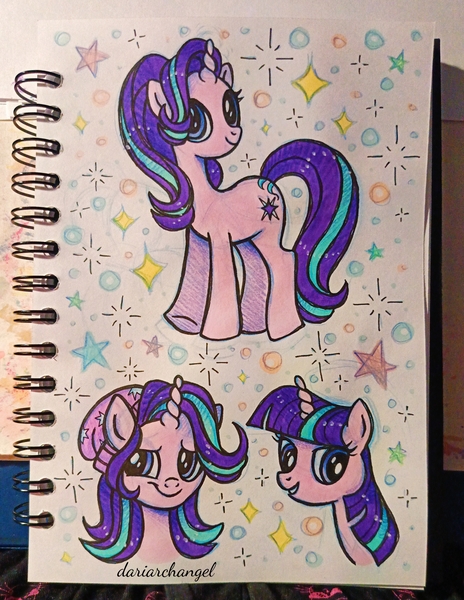 Size: 2573x3326 | Tagged: safe, artist:dariarchangel, derpibooru import, starlight glimmer, pony, unicorn, alternate hairstyle, bust, cute, g4, glimmerbetes, hat, horn, image, jpeg, photo, portrait, shy, shy smile, sketchbook, smiling, traditional art, twilight sparkle hair, two toned mane