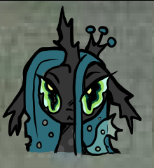 Size: 220x240 | Tagged: safe, artist:larvaecandy, derpibooru import, part of a set, queen chrysalis, changeling, changeling queen, :<, abstract background, big eyes, blue sclera, changeling horn, changeling wings, colored sclera, crown, eye clipping through hair, female, floppy ears, frown, g4, green eyes, horn, image, jewelry, large horn, long ears, narrowed eyes, one wing out, png, regalia, solo, tiara, wings, zoomed in