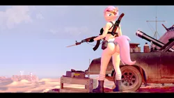 Size: 3840x2160 | Tagged: suggestive, artist:themanwithaquest, derpibooru import, fluttershy, anthro, pegasus, plantigrade anthro, 3d, ak-47, ass, assault rifle, boots, breasts, busty fluttershy, butt, car, clothes, cloud, cutie mark, denim, denim shorts, desert, ear piercing, fingerless gloves, gloves, gun, image, legs, looking at you, mad max, outdoors, piercing, png, pouch, rifle, sand, sawn off shotgun, shoes, shorts, sky, smiling, smiling at you, socks, source filmmaker, striped socks, vehicle, weapon