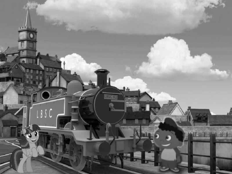 Size: 857x643 | Tagged: safe, derpibooru import, quincy, twilight sparkle, twilight sparkle (alicorn), alicorn, 0-6-0, black and white, brighton, grayscale, image, lbscr e2, little einsteins, locomotive, monochrome, png, steam locomotive, tank engine, train