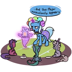 Size: 2000x2000 | Tagged: safe, artist:mafon, derpibooru import, trixie, earth pony, pegasus, pony, unicorn, atg 2024, birthday cake, birthday party, bowtie, cake, clown, clown nose, clown wig, dialogue, female, foal, food, g4, hat, horn, image, lidded eyes, magic, magic show, mare, newbie artist training grounds, party, party hat, plushie, png, rainbow wig, red nose, sitting, telekinesis, trixie is not amused, unamused