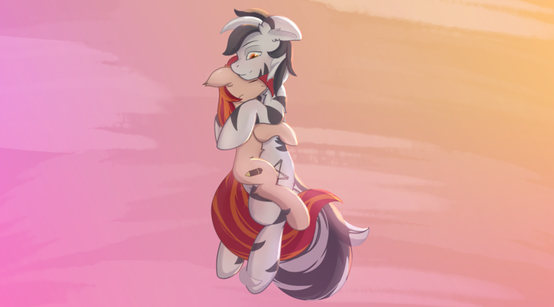 Size: 4500x2500 | Tagged: safe, artist:divori, derpibooru import, oc, oc:linaxero, oc:star nova, unofficial characters only, hybrid, pony, unicorn, zebra, zony, abstract background, eyes closed, female, horn, hug, image, male, mare, orange eyes, png, simple background, smiling, stallion