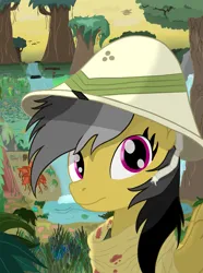 Size: 1521x2048 | Tagged: safe, artist:minecake, derpibooru import, daring do, equestria at war mod, bandana, bust, dried blood, forest, hat, image, jungle, nature, pith helmet, png, portrait, solo, spread wings, tree, wings