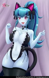 Size: 631x1000 | Tagged: suggestive, artist:clouddg, derpibooru import, sonata dusk, human, equestria girls, absolute cleavage, belly button, breasts, busty sonata dusk, cat ears, cat tail, cleavage, clothes, g4, image, open mouth, png, socks, stockings, tail, thigh highs