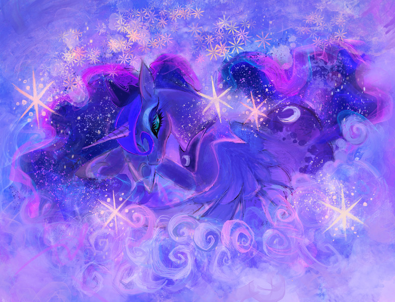 Size: 2604x1990 | Tagged: safe, artist:eyerealm, derpibooru import, princess luna, alicorn, pony, abstract, abstract background, blue eyes, blue eyeshadow, blue sclera, colored, colored eyelashes, crossed hooves, crown, ethereal mane, ethereal tail, eyelashes, eyeshadow, female, g4, glow, glowing eyes, head down, high res, hoof shoes, horn, image, jewelry, jpeg, lidded eyes, long horn, looking at you, lying down, makeup, mare, mist, multicolored mane, multicolored tail, no mouth, no pupils, painterly, peytral, princess shoes, profile, prone, purple coat, purple eyelashes, regalia, solo, sparkles, starry mane, starry tail, stars, tail, thick eyelashes, tiara, unicorn horn, wavy mane, wavy tail, wings, wings down