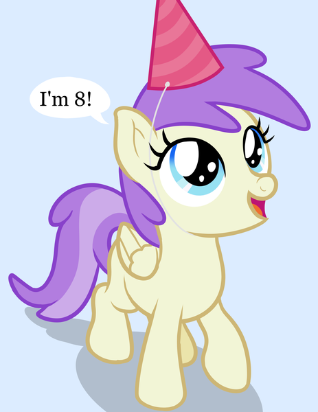 Size: 1350x1750 | Tagged: safe, artist:nitei, derpibooru import, alula, pluto, pegasus, pony, atg 2024, birthday, dialogue, female, filly, foal, g4, hat, image, looking up, math joke, newbie artist training grounds, open mouth, party hat, png, solo, talking