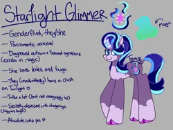 Size: 2048x1542 | Tagged: safe, artist:femurthechangeling, derpibooru import, starlight glimmer, twilight sparkle, pony, unicorn, alternate cutie mark, alternate design, alternate hairstyle, alternate universe, asexual, autism, autism spectrum disorder, cloven hooves, coat markings, crooked horn, cutie mark, female, genderfluid, gray background, hooves, horn, image, implied changeling, implied lesbian, implied shipping, implied twilight sparkle, implied twistarlight, lesbian, looking at you, magic, neurodivergent, png, pronouns, raised hoof, reference sheet, savant syndrome, ship:twistarlight, shipping, signature, simple background, socks (coat marking), solo, twitterina design, unshorn fetlocks, wall of tags, weird horn