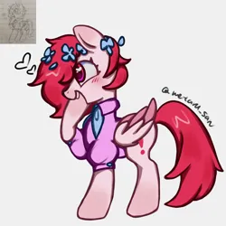 Size: 4096x4096 | Tagged: safe, artist:metaruscarlet, derpibooru import, oc, oc:metaru scarlet, pegasus, pony, blushing, clothes, flower, flower in hair, folded wings, gray background, heart, heart eyes, hoof on cheek, image, pegasus oc, png, ponysona, redraw, simple background, solo, teeth, wingding eyes, wings