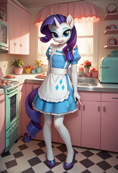 Size: 832x1216 | Tagged: safe, machine learning generated, prompter:rkmisc, anthro, plantigrade anthro, 1950s, clothes, cutie mark, cutie mark on clothes, dress, housewife, image, kitchen, png, retro, smiling, smiling at you, solo