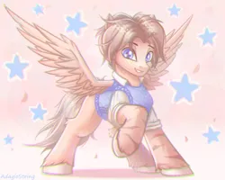 Size: 2500x2000 | Tagged: safe, artist:adagiostring, derpibooru import, oc, unofficial characters only, pegasus, pony, cartoon, clothes, cute, image, jacket, looking at you, male, pegasus oc, png, short hair, smiling, smiling at you, solo, spread wings, stallion, stallion oc, standing, stars, wings