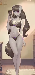 Size: 1870x4000 | Tagged: suggestive, artist:xjenn9, derpibooru import, octavia melody, anthro, pony, belly button, black underwear, blushing, bra, breasts, busty octavia melody, cleavage, clothes, eyebrows, eyebrows visible through hair, female, image, lingerie, looking at you, mare, panties, png, selfie, solo, solo female, underwear