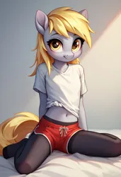 Size: 832x1216 | Tagged: suggestive, machine learning generated, prompter:rkmisc, derpy hooves, anthro, plantigrade anthro, clothes, image, midriff, pantyhose, png, shirt, shorts, simple background, smiling, smiling at you, solo, tail, underage, young, younger