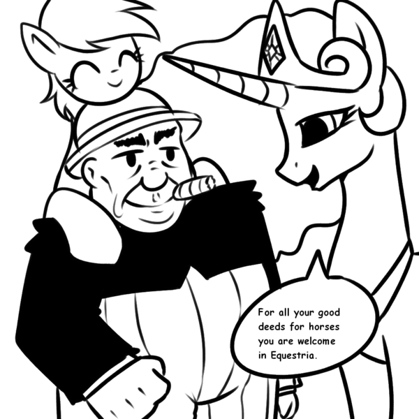 Size: 1024x1024 | Tagged: safe, artist:anonymous, derpibooru import, derpy hooves, princess celestia, alicorn, human, pony, cigar, comic, crown, drawthread, everett true, female, g4, hooves on shoulders, image, jewelry, male, man, mare, monochrome, png, regalia, reward, talking, the outbursts of everett true, trio