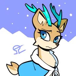 Size: 2480x2480 | Tagged: safe, artist:alvh-omega, derpibooru import, oc, oc:elain olsen, deer, equestria at war mod, blue eyes, clothes, coat, deer oc, doe, female, image, nature, non-pony oc, olenia, png, snow, snowfall, solo, uniform