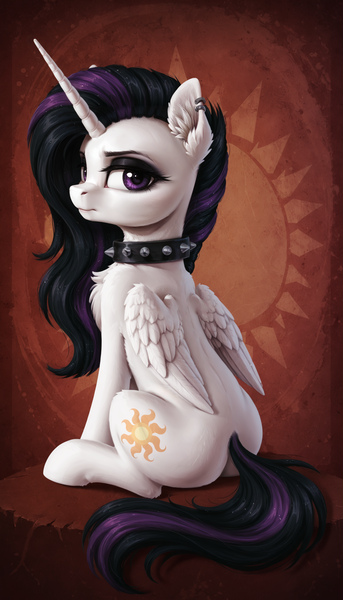 Size: 1536x2688 | Tagged: safe, ai content, derpibooru import, generator:pony realism 2.1, machine learning generated, princess celestia, alicorn, pony, abstract background, butt, chest fluff, collar, ear fluff, ear piercing, eyeshadow, female, full body, g4, goth, image, looking at you, looking back, looking back at you, makeup, mare, piercing, png, prompter:siber, punklestia, rear view, sitting, solo, spiked collar, unamused