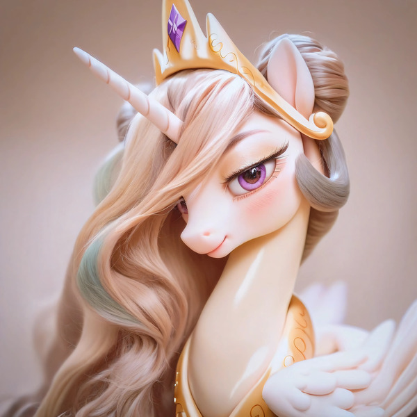 Size: 1600x1600 | Tagged: safe, ai content, derpibooru import, machine learning generated, prompter:anonymous, stable diffusion, princess celestia, alicorn, pony, alternate color palette, blushing, caramel colors, crown, eyebrows, female, g4, generator:pony diffusion v6 xl, image, jewelry, jpeg, lidded eyes, mare, peytral, prompt in description, regalia, solo