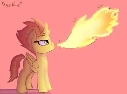 Size: 2700x2000 | Tagged: safe, artist:kenzie, artist:psychix, derpibooru import, spitfire, pegasus, pony, female, fire, fire breath, g4, image, lidded eyes, mare, missing accessory, png, pun, side view, simple background, smug, solo