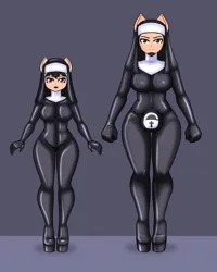 Size: 1717x2146 | Tagged: suggestive, artist:creatorworld, ponerpics import, oc, unofficial characters only, anthro, breasts, clothes, crotch bulge, female, gloves, high heels, image, latex, latex suit, looking at you, male, male oc, nun outfit, png, shoes