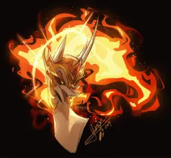 Size: 2048x1903 | Tagged: safe, artist:iheyyasyfox, derpibooru import, daybreaker, alicorn, pony, bust, curved horn, fangs, female, helmet, horn, image, jpeg, lightly watermarked, long horn, mane of fire, mare, open mouth, sharp teeth, signature, solo, sternocleidomastoid, teeth, watermark