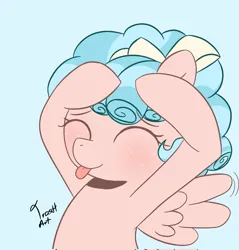 Size: 1959x2048 | Tagged: safe, artist:eltrash_art6, derpibooru import, cozy glow, pegasus, pony, :p, ah eto bleh, blue background, blushing, cozybetes, cute, eyes closed, female, filly, foal, image, jpeg, meme, silly, simple background, solo, tongue out