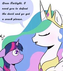 Size: 1814x2048 | Tagged: safe, artist:eltrash_art6, derpibooru import, princess celestia, twilight sparkle, alicorn, pony, crown, delegating, duo, duo female, eyes closed, female, g4, image, jewelry, jpeg, mare, open mouth, regalia, simple background, speech bubble, white background