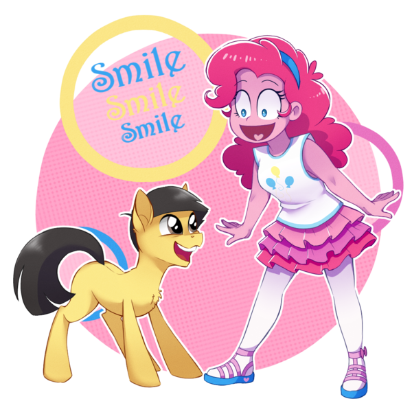 Size: 1120x1120 | Tagged: safe, artist:toxiccolour, derpibooru import, pinkie pie, ponified, earth pony, pony, equestria girls, anime, blank flank, chest fluff, clothes, crossover, duo, duo male and female, female, g4, image, jyushimatsu, male, open mouth, osomatsu-san, png, sandals, simple background, skirt, smile smile smile, smile song, socks, stallion, stockings, style emulation, tanktop, thigh highs, transparent background