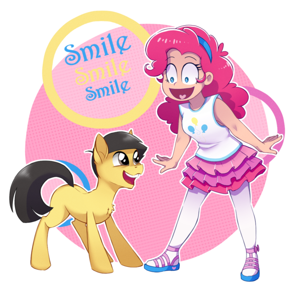 Size: 1120x1120 | Tagged: safe, alternate version, artist:toxiccolour, derpibooru import, pinkie pie, ponified, earth pony, human, pony, anime, blank flank, chest fluff, clothes, crossover, duo, duo male and female, female, humanized, image, jyushimatsu, male, open mouth, osomatsu-san, png, sandals, simple background, skirt, smile smile smile, smile song, socks, stallion, stockings, style emulation, tanktop, thigh highs, transparent background