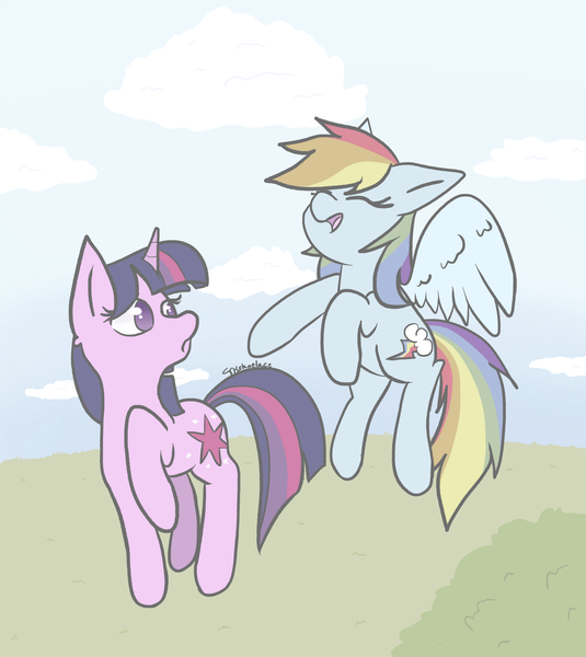 Size: 2127x2385 | Tagged: safe, artist:tkshoelace, derpibooru import, rainbow dash, twilight sparkle, pegasus, pony, unicorn, cloud, duo, duo female, eyes closed, female, flying, g4, grass, horn, image, laughing, png, pointing, raised leg, spread wings, wings