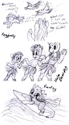 Size: 667x1200 | Tagged: safe, artist:sepiakeys, derpibooru import, apple bloom, applejack, big macintosh, rainbow dash, scootaloo, sweetie belle, bird, pony, flying, image, monochrome, png, scootaloo can fly, surfboard, surfing