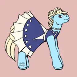 Size: 650x650 | Tagged: safe, artist:fluffyorange, derpibooru import, eclair créme, jangles, earth pony, pony, clothes, dress, female, g4, image, jewelry, jpeg, mare, necklace, pearl necklace, signature, simple background, smiling, solo, tail