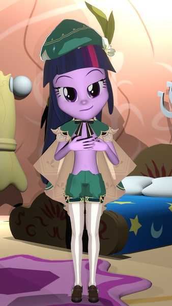 Size: 3240x5760 | Tagged: suggestive, artist:wissle, derpibooru import, twilight sparkle, equestria girls, 3d, absurd resolution, atg 2024, bed, bedroom, belly button, blender, clothes, cosplay, costume, covering, covering breasts, female, g4, golden oaks library, grin, image, jpeg, library, looking at you, midriff, newbie artist training grounds, sexy, smiling, smiling at you, smug, solo, solo female, twilight's bedroom, venti (genshin impact)