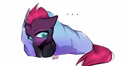 Size: 1200x628 | Tagged: safe, artist:enjaadjital, derpibooru import, tempest shadow, pony, unicorn, ..., armor, blanket, blanket burrito, blush lines, blushing, broken horn, cute, female, floppy ears, g4, horn, image, jpeg, mare, signature, simple background, solo, white background