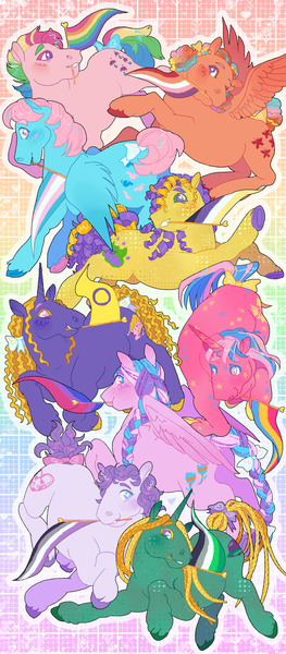 Size: 1347x3072 | Tagged: safe, artist:poniesart, derpibooru import, boysenberry pie, brilliant bloom, dazzleglow, flutterbye, parasol (g1), star hopper, wind whistler, earth pony, pegasus, pony, unicorn, g1, alternate design, alternate hairstyle, aromantic pride flag, asexual pride flag, bisexual pride flag, bow, gardenglow, gay pride flag, gradient background, horn, image, intersex pride flag, jpeg, lesbian pride flag, napper, nonbinary pride flag, nonet, pansexual pride flag, pride, pride flag, pride month, rainbow background, tail, tail bow, transgender pride flag