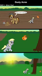 Size: 1920x3516 | Tagged: safe, artist:platinumdrop, derpibooru import, derpy hooves, oc, oc:dusty hooves, butterfly, insect, comic:dusty acres, commission, image, png, sun, sunrise