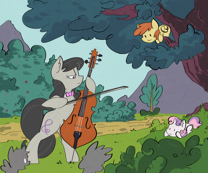 Size: 2070x1721 | Tagged: safe, artist:ponny, derpibooru import, octavia melody, sweetie belle, earth pony, pegasus, pony, unicorn, bow (instrument), bush, cello, cello bow, colored, foal, horn, image, in a tree, mountain, musical instrument, park, playing, png, tree, trio