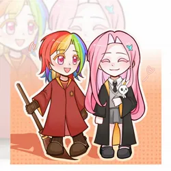 Size: 2048x2048 | Tagged: safe, artist:lanze20103, derpibooru import, fluttershy, rainbow dash, human, gryffindor, harry potter (series), hogwarts, hufflepuff, image, jpeg, quidditch