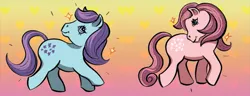 Size: 1277x488 | Tagged: safe, derpibooru import, idw, blue belle, earth pony, pony, g1, spoiler:comic, cotton candy, duo, duo female, female, gradient background, image, my little pony 40th anniversary special, png, sparkles