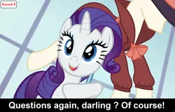 Size: 1920x1228 | Tagged: safe, derpibooru import, edit, edited screencap, screencap, rarity, pony, unicorn, comic:celestia's servant interview, rarity investigates, season 5, caption, clothes, costume, cs captions, female, g4, hoof on chest, horn, image, image macro, interview, mare, png, shadow spade, smiling, solo, text