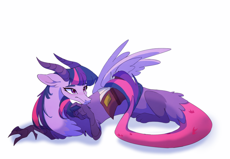 Size: 2598x1798 | Tagged: safe, artist:rr29578979, derpibooru import, twilight sparkle, draconequus, book, claws, colored horns, draconequified, female, image, lying down, open book, partially open wings, paws, png, prehensile tail, prone, reading, simple background, solo, species swap, tail, tail hold, twikonequus, two toned eyes, white background, wings